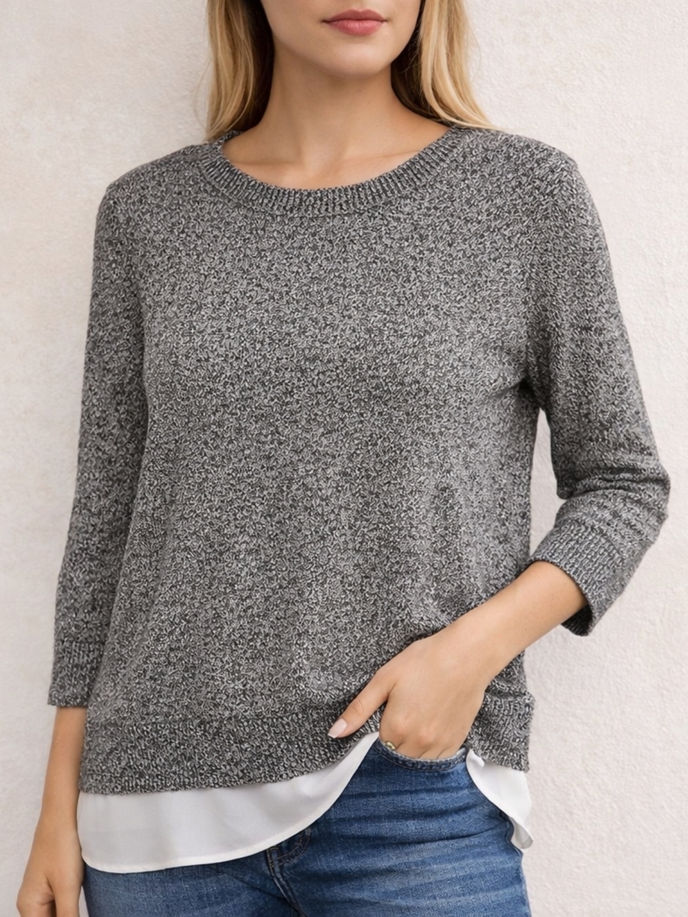 Calvin Klein Marled Knit Layered Sweater Top w/ Chiffon Hem Gray